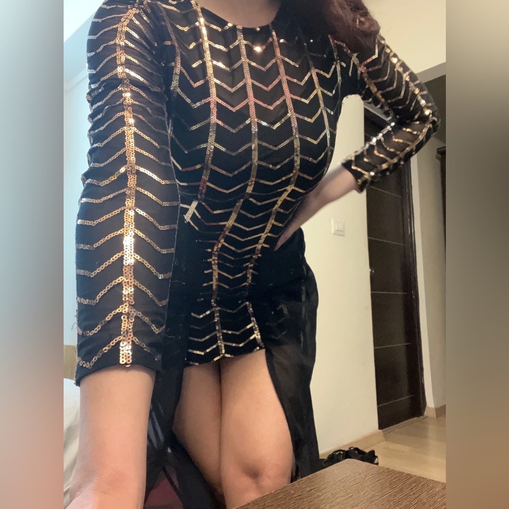 Golden Beaded Black Full sleeves Gown - Picture 2 of 8